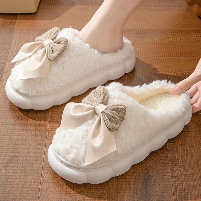 Women Winter Warm Plush Slippers With Bow 7
