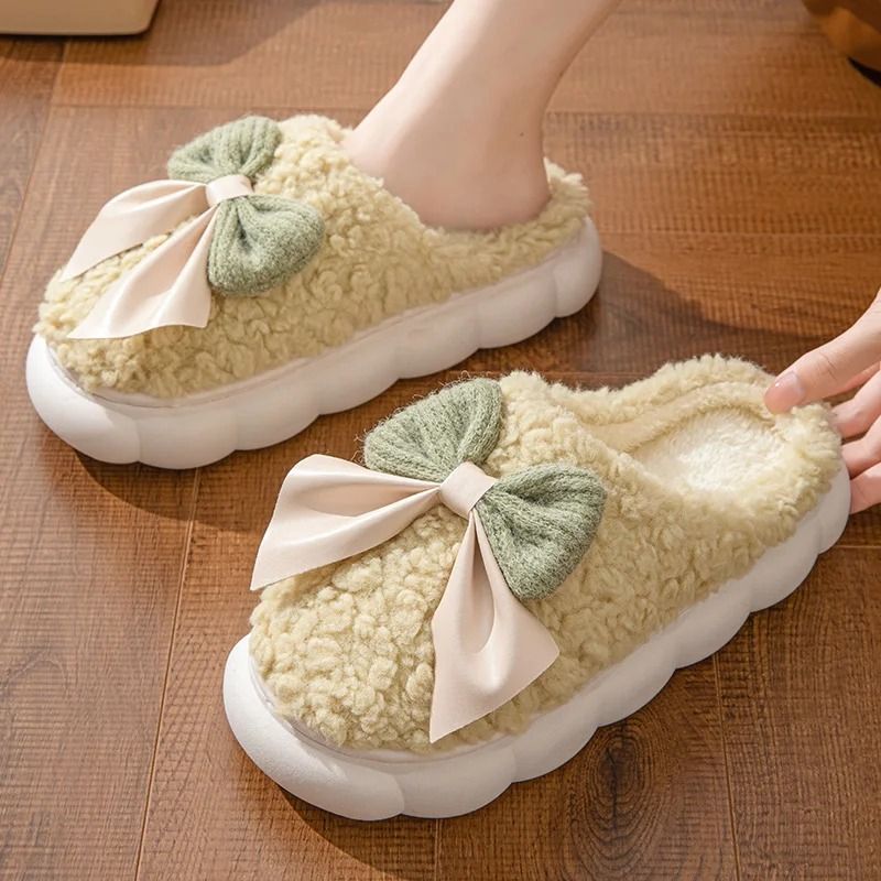 Women Winter Warm Plush Slippers With Bow 8