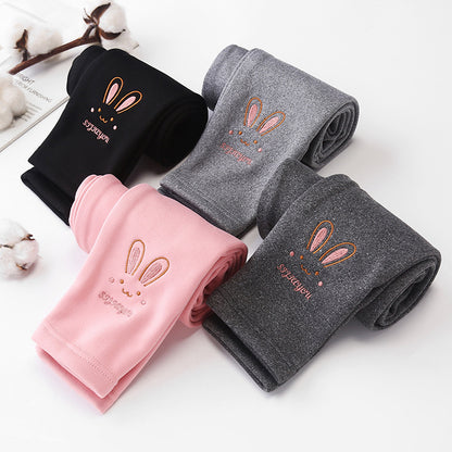 Cute Fond Rabbit Girls Leggings Autumn Winter Thick Warm Plus Soft Lined Children Kids Baby Bottom Pants