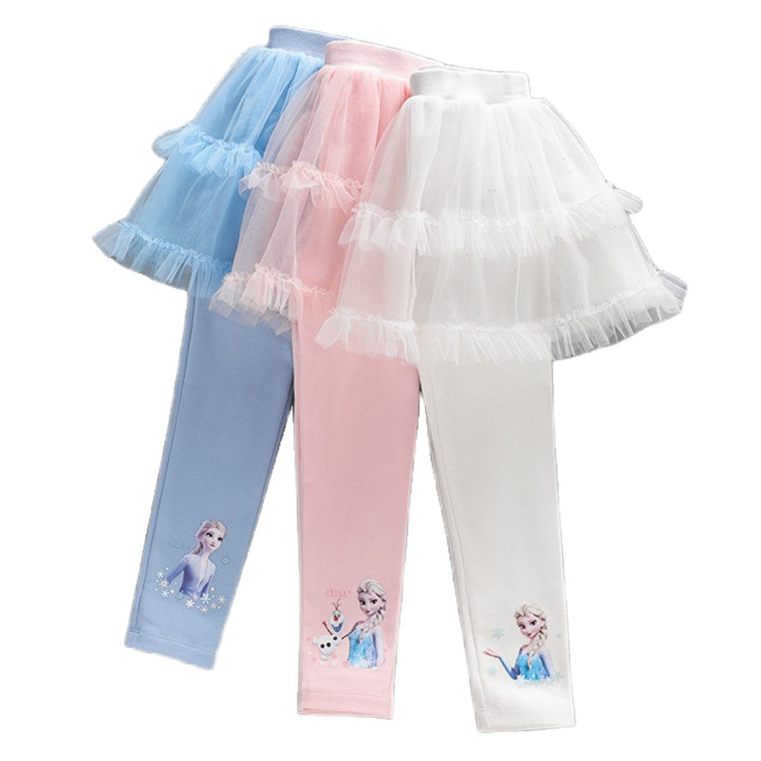 Elsa Design Frozen Girl Legging Kids Tulle Pants Children White Pink Blue Trousers Baby, Sparkle Princess Clothes