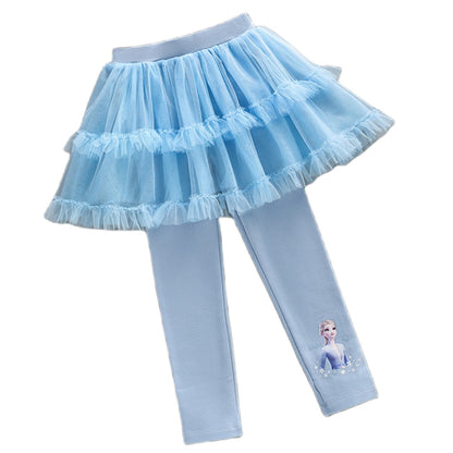 Elsa Design Frozen Girl Legging Kids Tulle Pants Children White Pink Blue Trousers Baby, Sparkle Princess Clothes