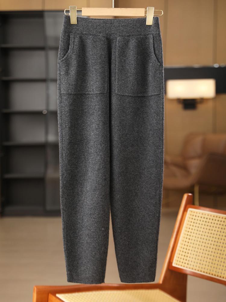 Autumn Winter Thick Warm Pencil Pants for Women Merino Wool Fashion Trousers Patch Pockets Elastic Waist Knit Pant