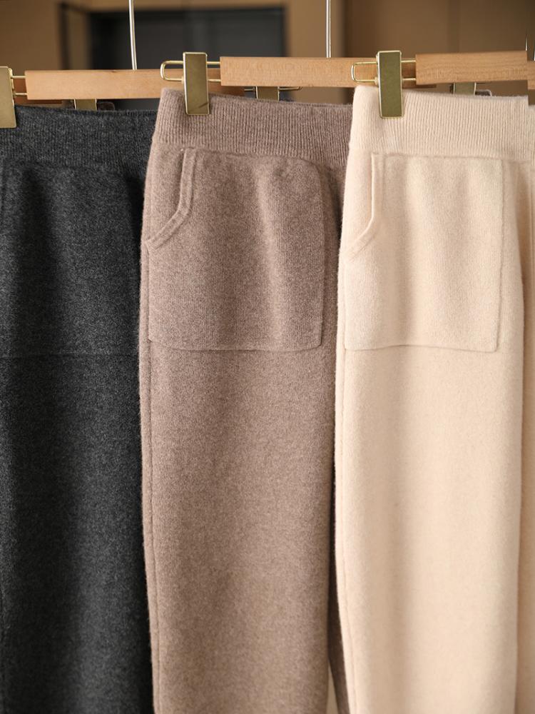 Autumn Winter Thick Warm Pencil Pants for Women Merino Wool Fashion Trousers Patch Pockets Elastic Waist Knit Pant