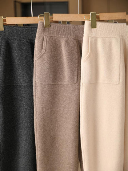 Autumn Winter Thick Warm Pencil Pants for Women Merino Wool Fashion Trousers Patch Pockets Elastic Waist Knit Pant