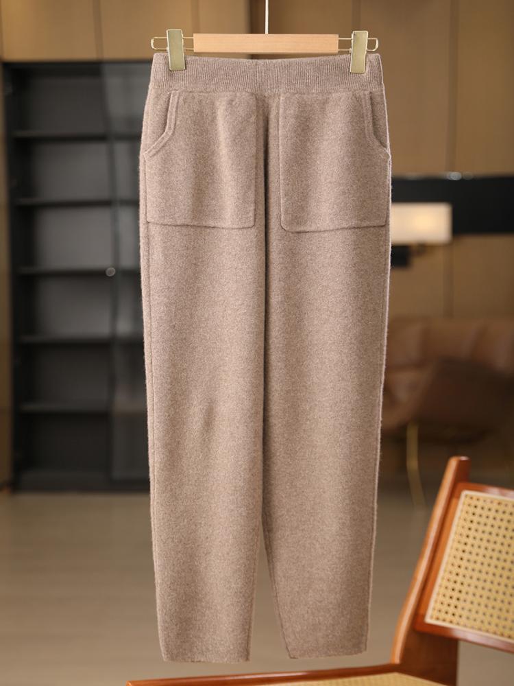 Autumn Winter Thick Warm Pencil Pants for Women Merino Wool Fashion Trousers Patch Pockets Elastic Waist Knit Pant