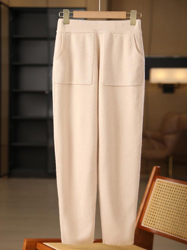 Autumn Winter Thick Warm Pencil Pants for Women Merino Wool Fashion Trousers Patch Pockets Elastic Waist Knit Pant