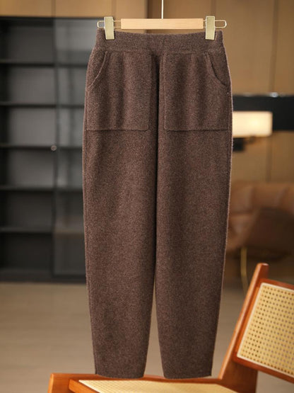 Autumn Winter Thick Warm Pencil Pants for Women Merino Wool Fashion Trousers Patch Pockets Elastic Waist Knit Pant