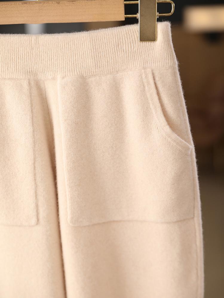 Autumn Winter Thick Warm Pencil Pants for Women Merino Wool Fashion Trousers Patch Pockets Elastic Waist Knit Pant