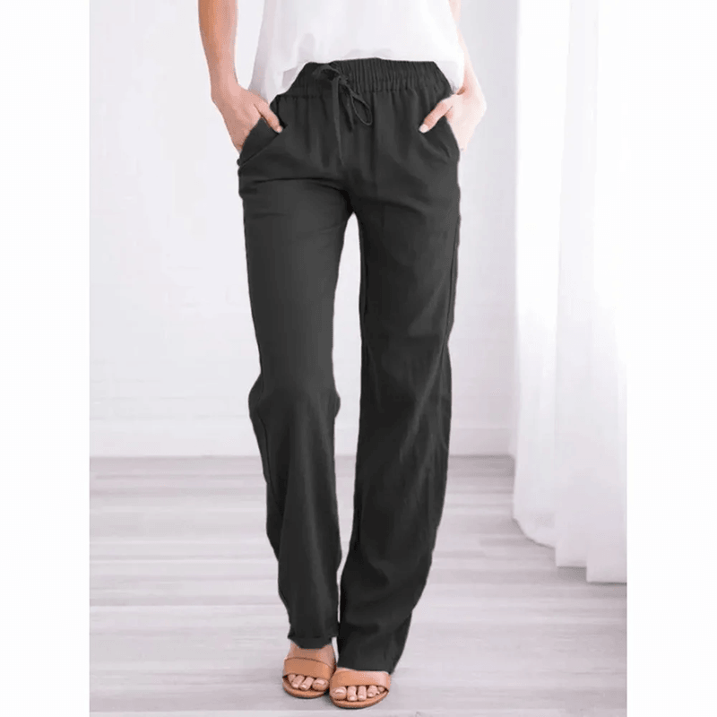 Women Cotton Linen Drawstring Pants Loose Straight Leg Trousers 2