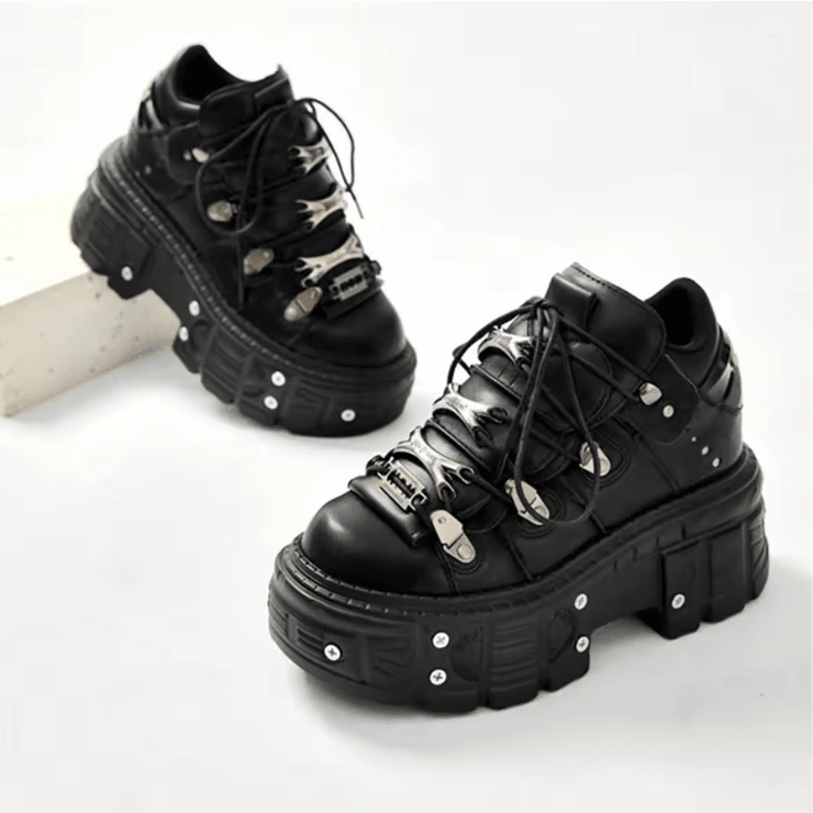 Punk Style Platform Ankle Boots With Metal Decor And Lace Up Design 1