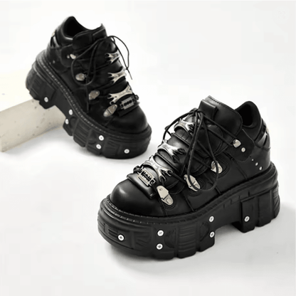 Punk Style Platform Ankle Boots With Metal Decor And Lace Up Design 1