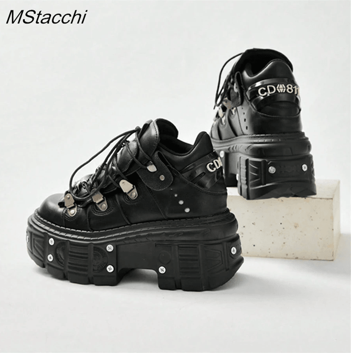 Punk Style Platform Ankle Boots With Metal Decor And Lace Up Design 2