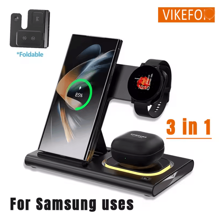 3 in 1 Wireless Charger Station with Foldable LED Phone Stand for Samsung