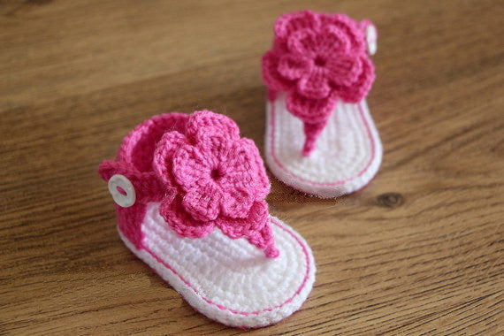 Handmade Crochet Baby Flip Flop Sandals, Summer Baby Sandals with Puff Flowers, Cute Crochet Baby Sandals