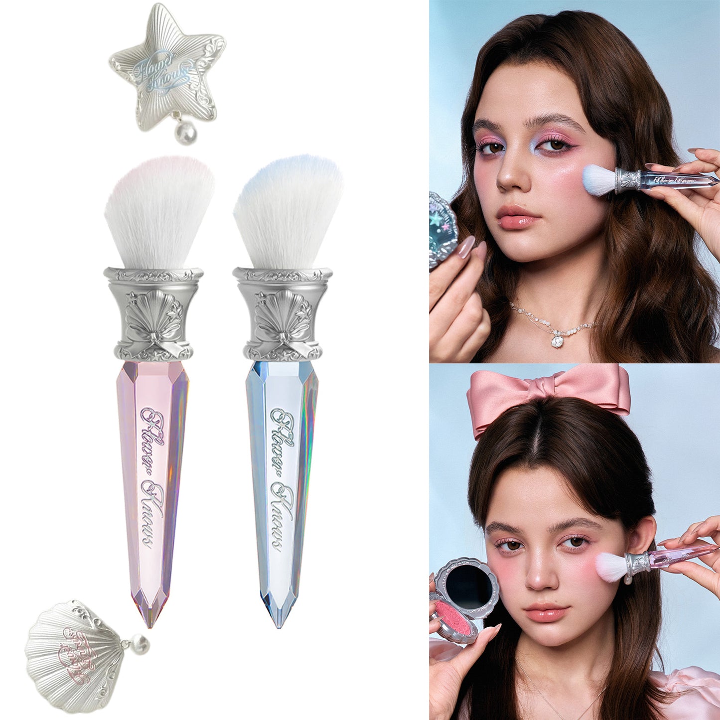 Flower Knows Shells Jewel Angled Blush Brush Crystal Handle Contour Highlight Brush Vegan Cruelty Free Face Tool