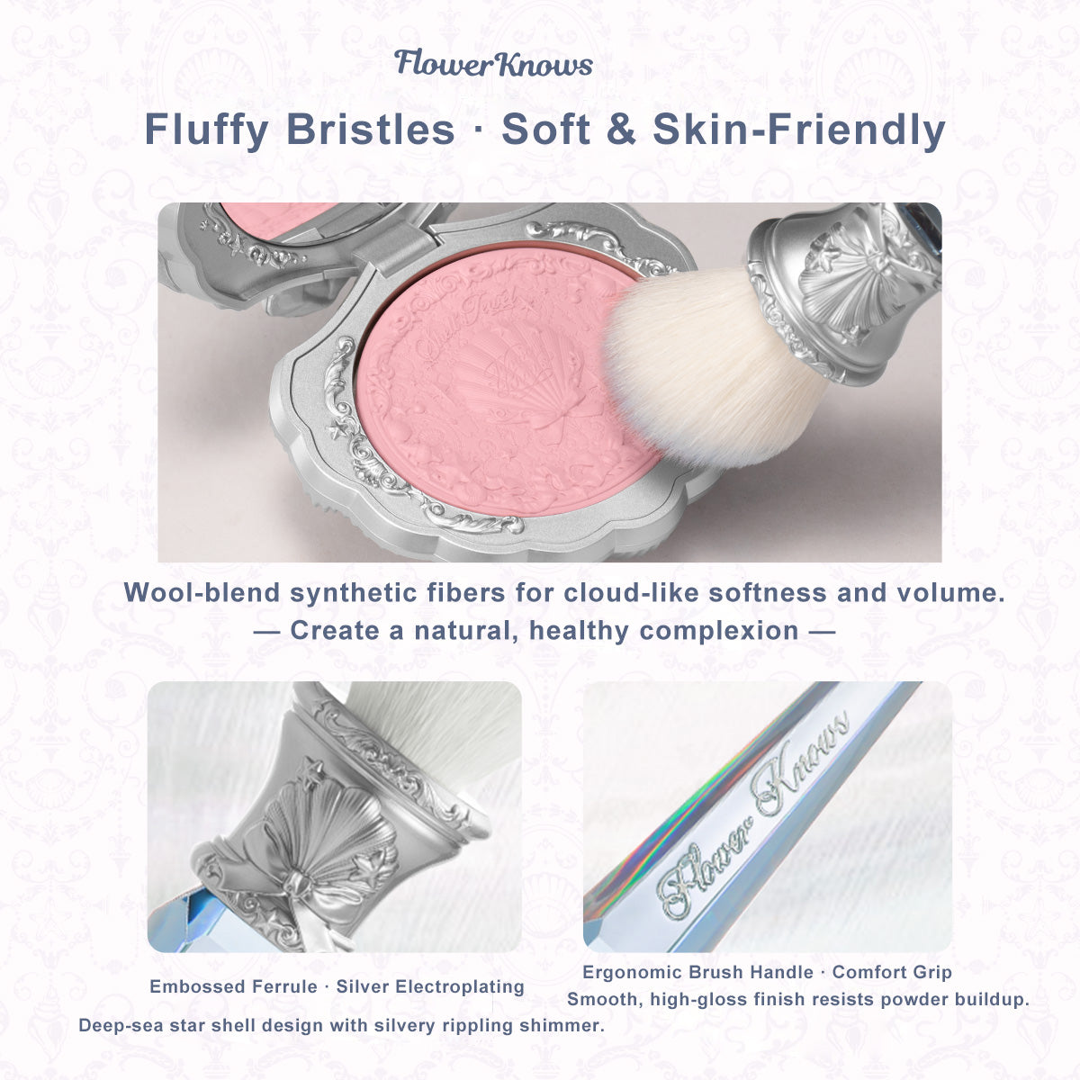 Flower Knows Shells Jewel Angled Blush Brush Crystal Handle Contour Highlight Brush Vegan Cruelty Free Face Tool