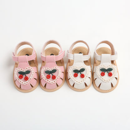 Summer Baby Girl Sandals with Cherry Design, Cloth Sole Newborn Shoes for First Walking, Toddler Style & Comfort