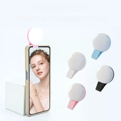 Clip-On Circle Light with Adjustable Brightness LED Selfie Ring Light for Phone Portable USB Rechargeable Selfie Lamp