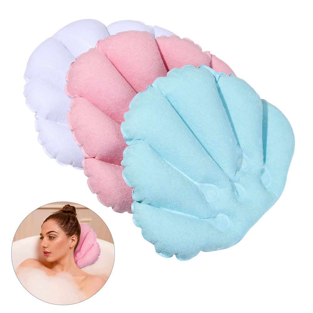 Inflatable Soft Spa Neck Bath Pillow With Suction Cups, Terry Cloth Fan-Shaped Neck Support Pillow Bathtub Cushion