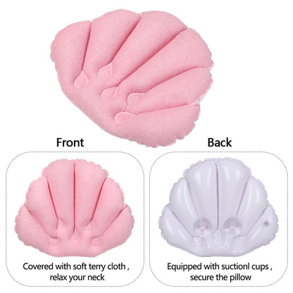 Inflatable Soft Spa Neck Bath Pillow With Suction Cups, Terry Cloth Fan-Shaped Neck Support Pillow Bathtub Cushion