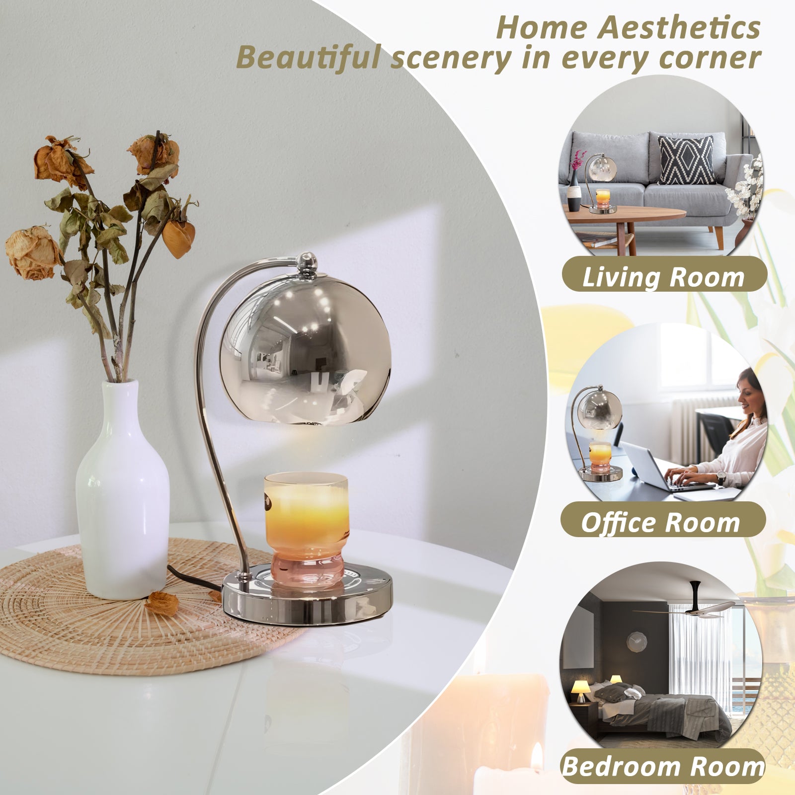 Scented Candle Lamp Apple Shape Wax, Chrome Candle Warmer Lamp With Timer and Dimmer, Romantic Aroma Diffuser Lamp
