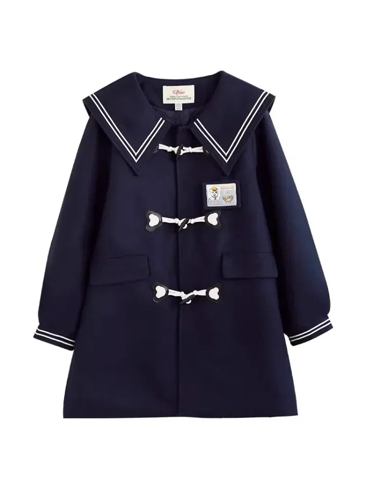 Women JK Preppy Style Thick Warm Winter Original Navy Collar Woolen Coat, Long Peacoat Overcoat Dress Coat