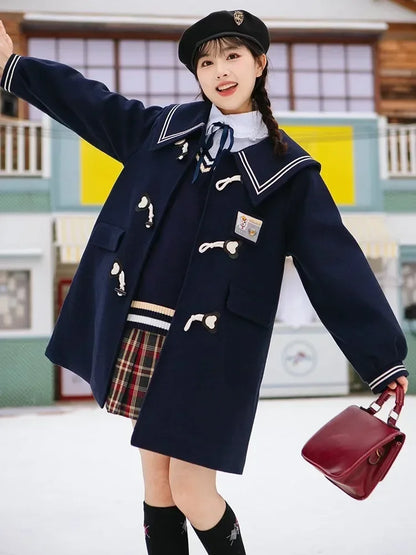 Women JK Preppy Style Thick Warm Winter Original Navy Collar Woolen Coat, Long Peacoat Overcoat Dress Coat