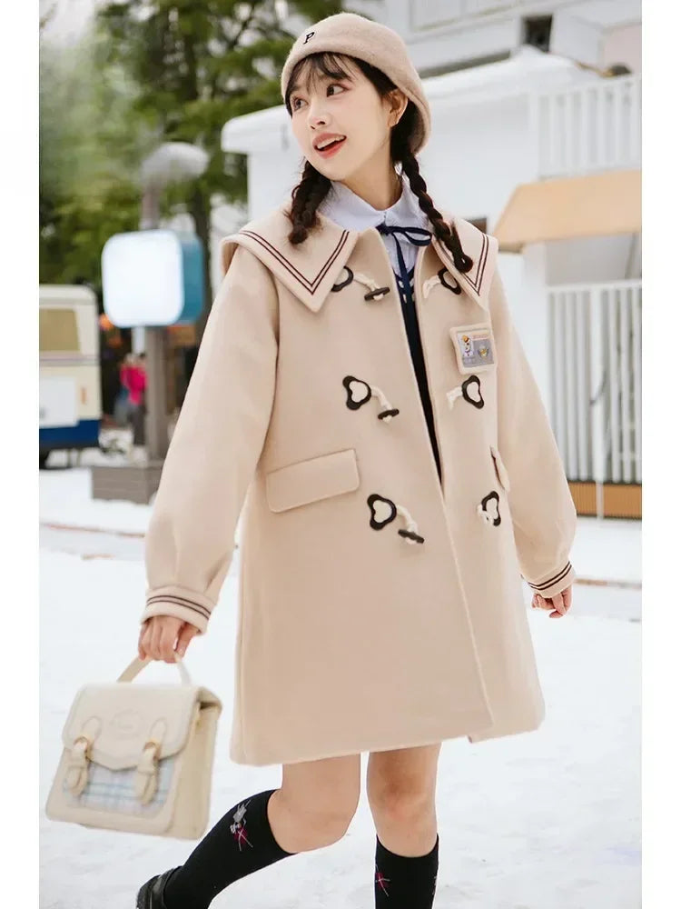 Women JK Preppy Style Thick Warm Winter Original Navy Collar Woolen Coat, Long Peacoat Overcoat Dress Coat