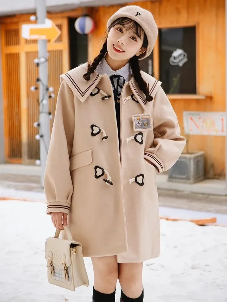 Women JK Preppy Style Thick Warm Winter Original Navy Collar Woolen Coat, Long Peacoat Overcoat Dress Coat