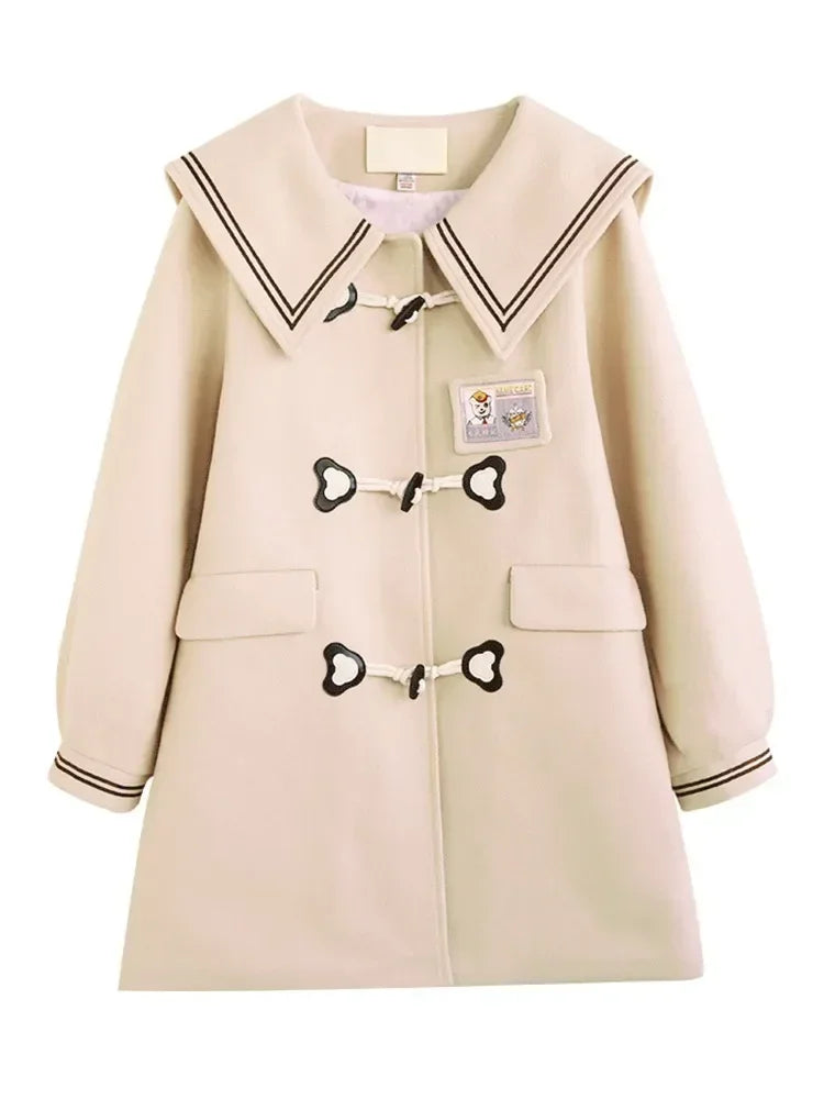Women JK Preppy Style Thick Warm Winter Original Navy Collar Woolen Coat, Long Peacoat Overcoat Dress Coat