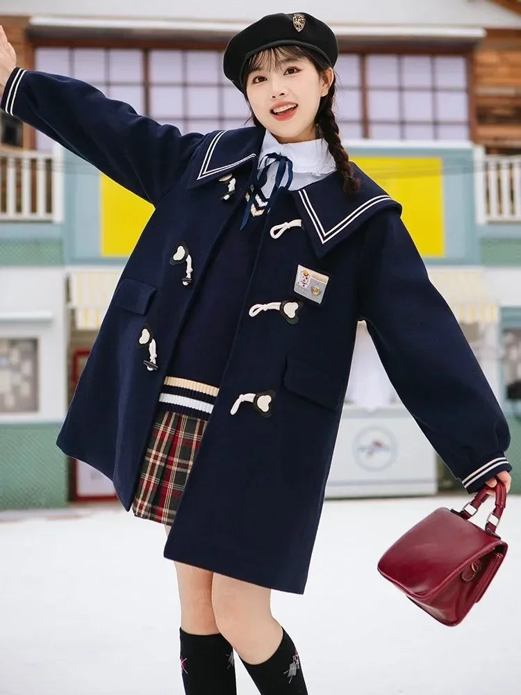 Women JK Preppy Style Thick Warm Winter Original Navy Collar Woolen Coat, Long Peacoat Overcoat Dress Coat