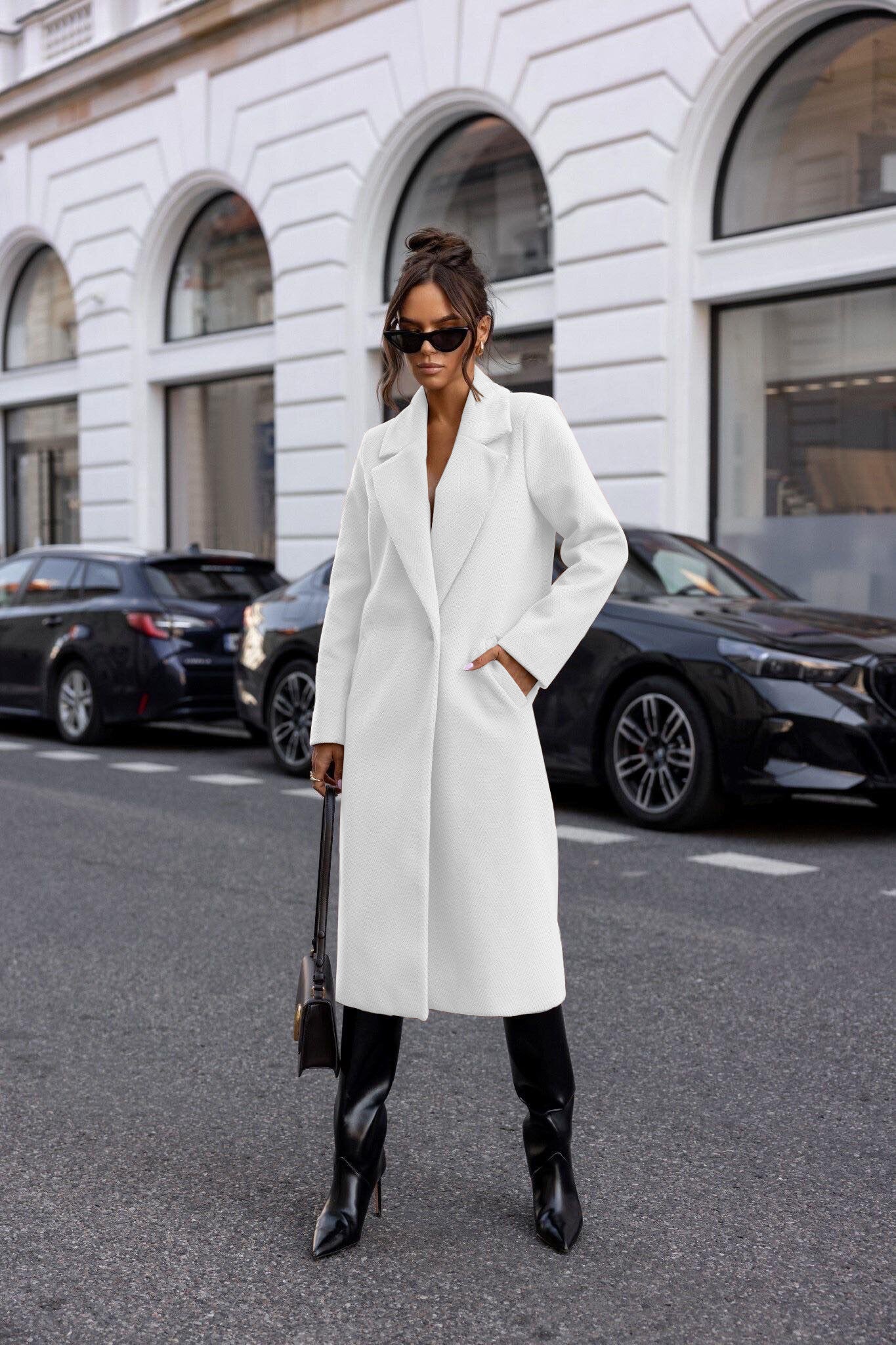 Womens Winter Trench Coat Notched Lapel, Mid-Long One Button Pea Coat, Casual Work Office Overcoat Jacket with Pockets