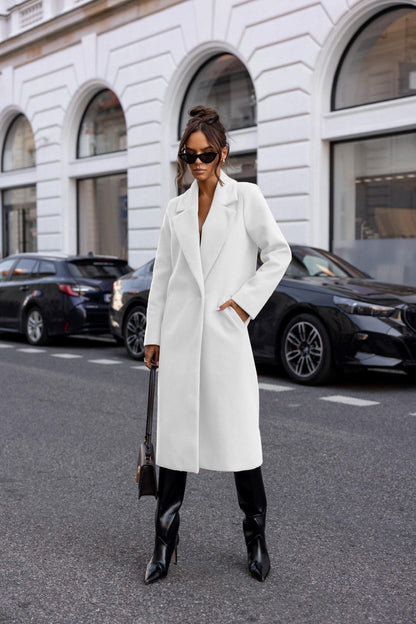 Womens Winter Trench Coat Notched Lapel, Mid-Long One Button Pea Coat, Casual Work Office Overcoat Jacket with Pockets