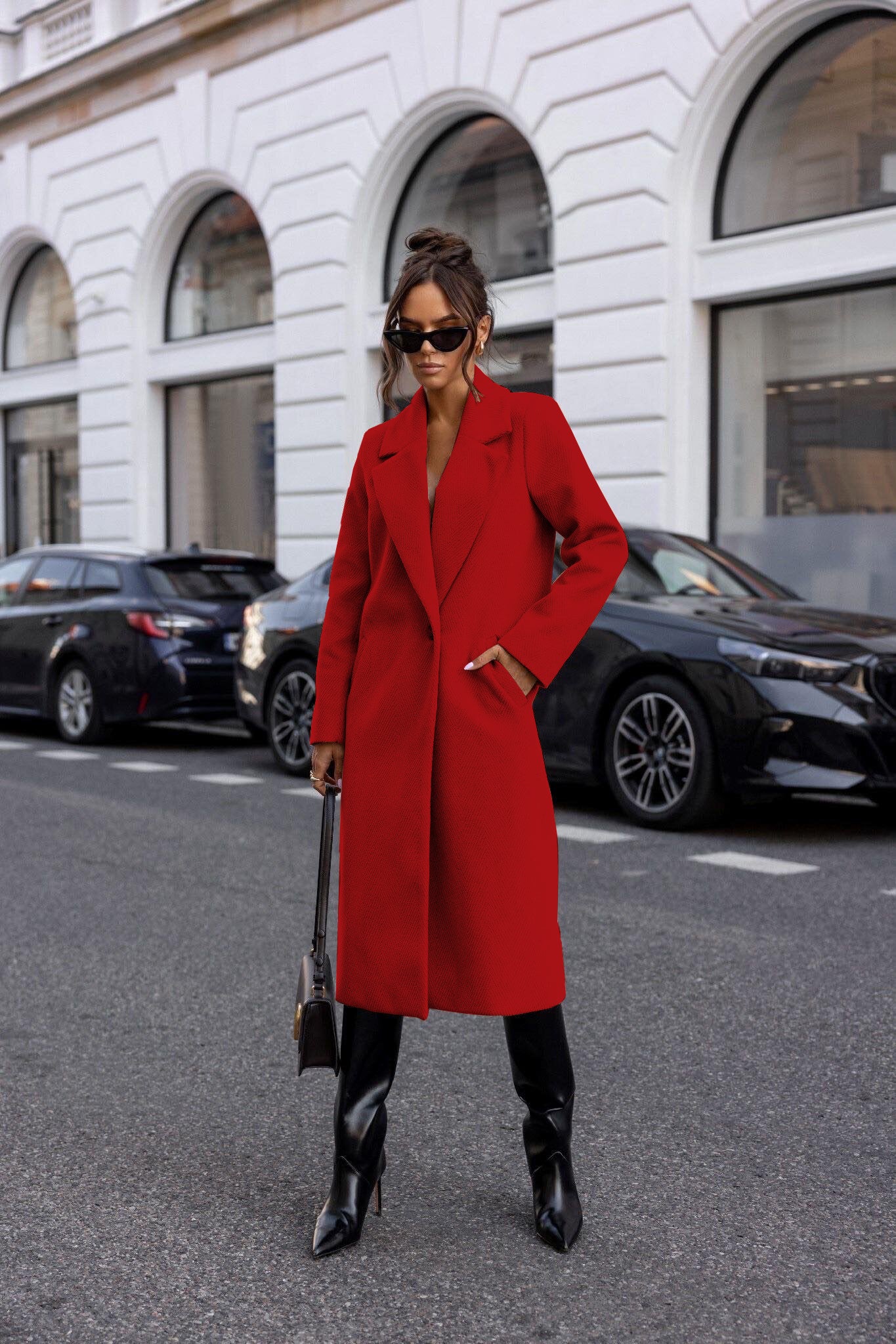 Womens Winter Trench Coat Notched Lapel, Mid-Long One Button Pea Coat, Casual Work Office Overcoat Jacket with Pockets