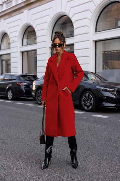 Womens Winter Trench Coat Notched Lapel, Mid-Long One Button Pea Coat, Casual Work Office Overcoat Jacket with Pockets