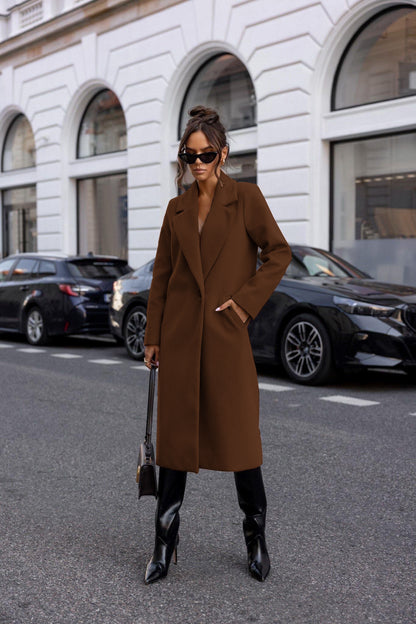 Womens Winter Trench Coat Notched Lapel, Mid-Long One Button Pea Coat, Casual Work Office Overcoat Jacket with Pockets