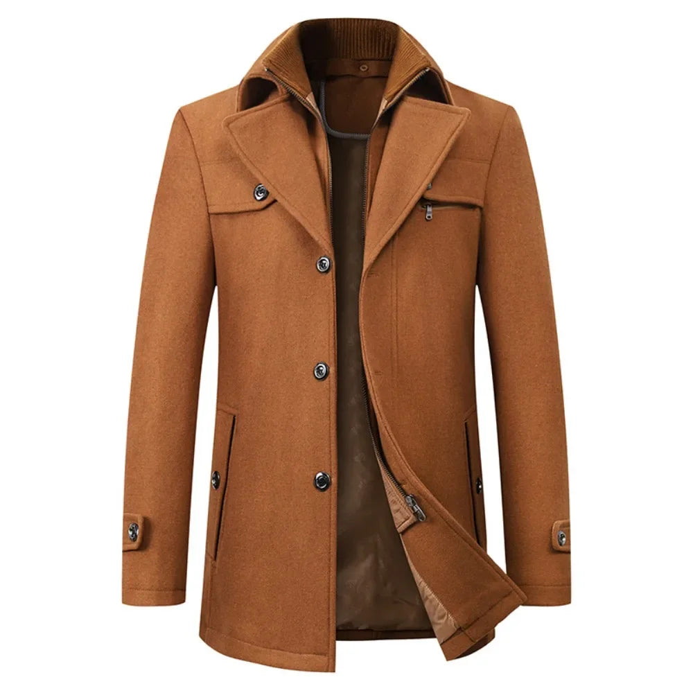 Mens Woolen Pea Coat 2023 Autumn Winter, Double Collar Overcoat for Men, Stylish Warm Menswear Trench Coat
