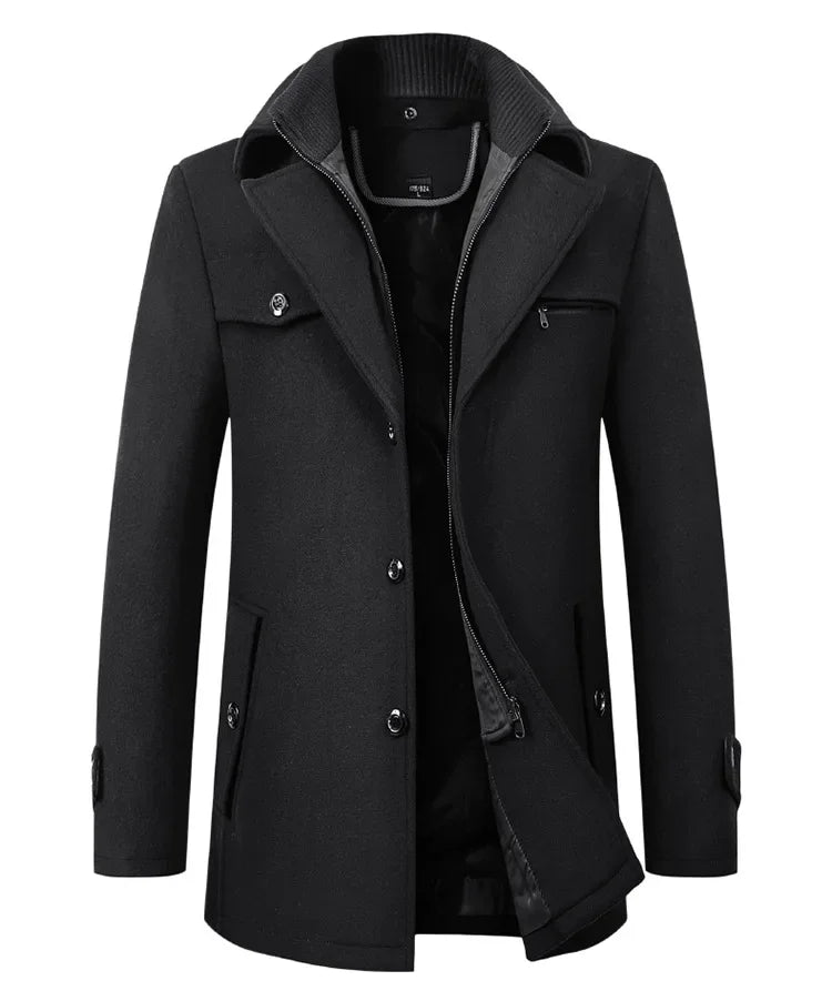 Mens Woolen Pea Coat 2023 Autumn Winter, Double Collar Overcoat for Men, Stylish Warm Menswear Trench Coat