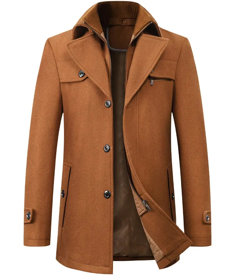 Mens Woolen Pea Coat 2023 Autumn Winter, Double Collar Overcoat for Men, Stylish Warm Menswear Trench Coat