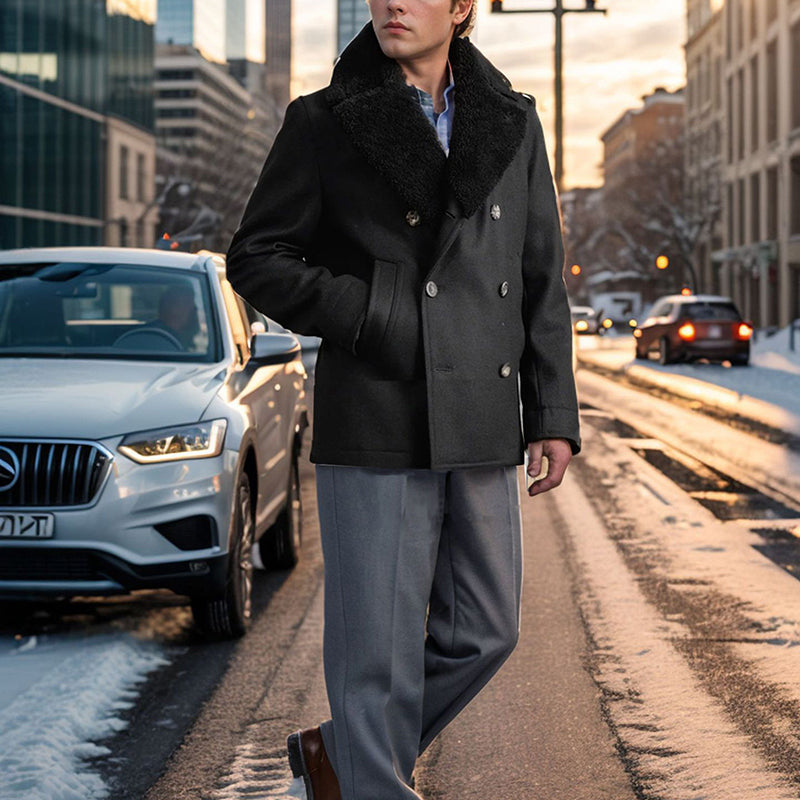 Stylish Mens Wool Pea Coat with Contrast Detail, Double Breasted Design and Warm Long Sleeves, Smart Casual Outerwear
