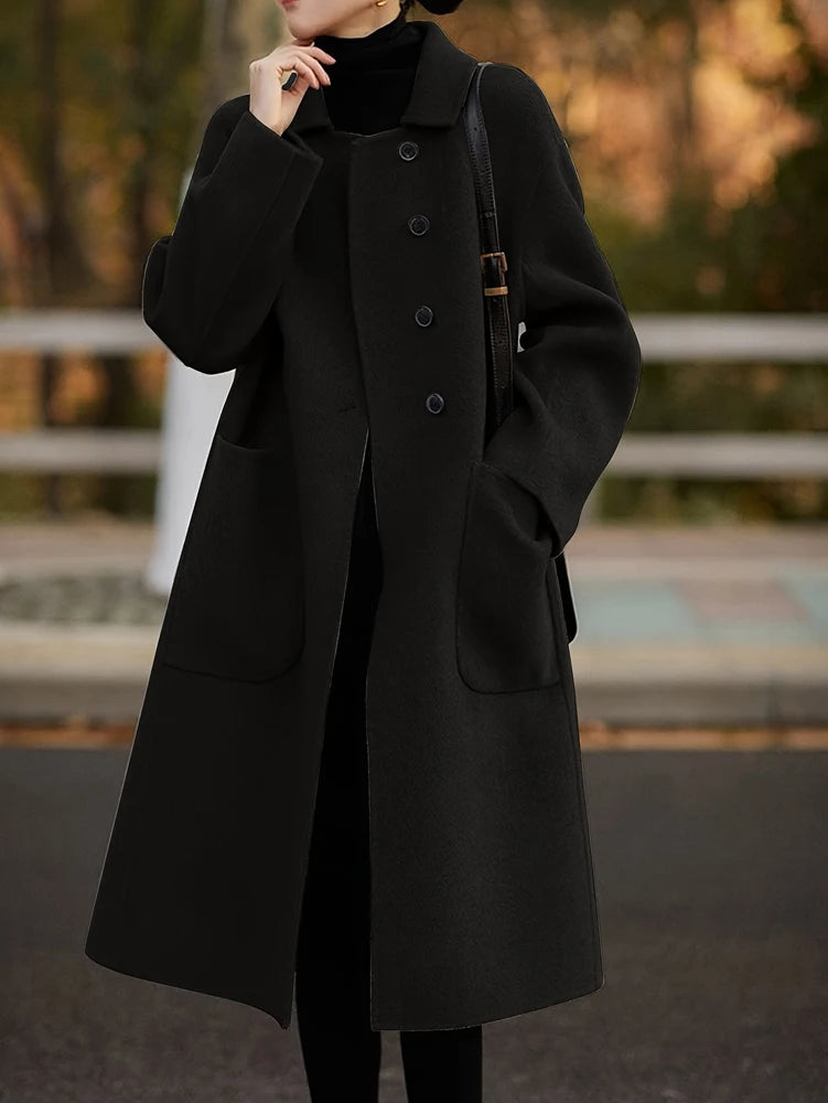 Oversized Plus Size Long Trench Coat, Elegant Wool Blend Pea Coat, Single Breasted Winter Warm Coat With Pockets