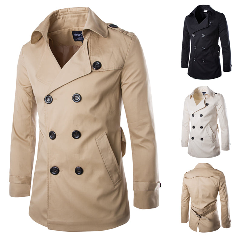 Cotton Men Trench Coats with Belt, Mens Spring Autumn Windbreak Overcoat, Male Double Breasted Peacoat
