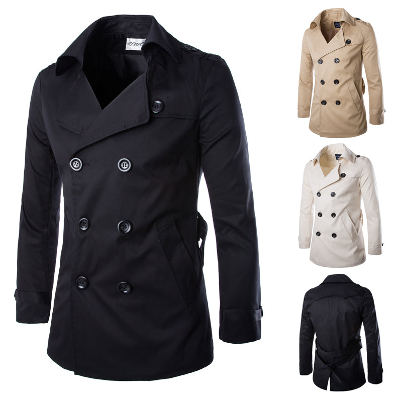 Cotton Men Trench Coats with Belt, Mens Spring Autumn Windbreak Overcoat, Male Double Breasted Peacoat