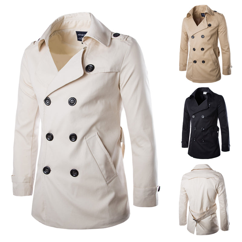 Cotton Men Trench Coats with Belt, Mens Spring Autumn Windbreak Overcoat, Male Double Breasted Peacoat