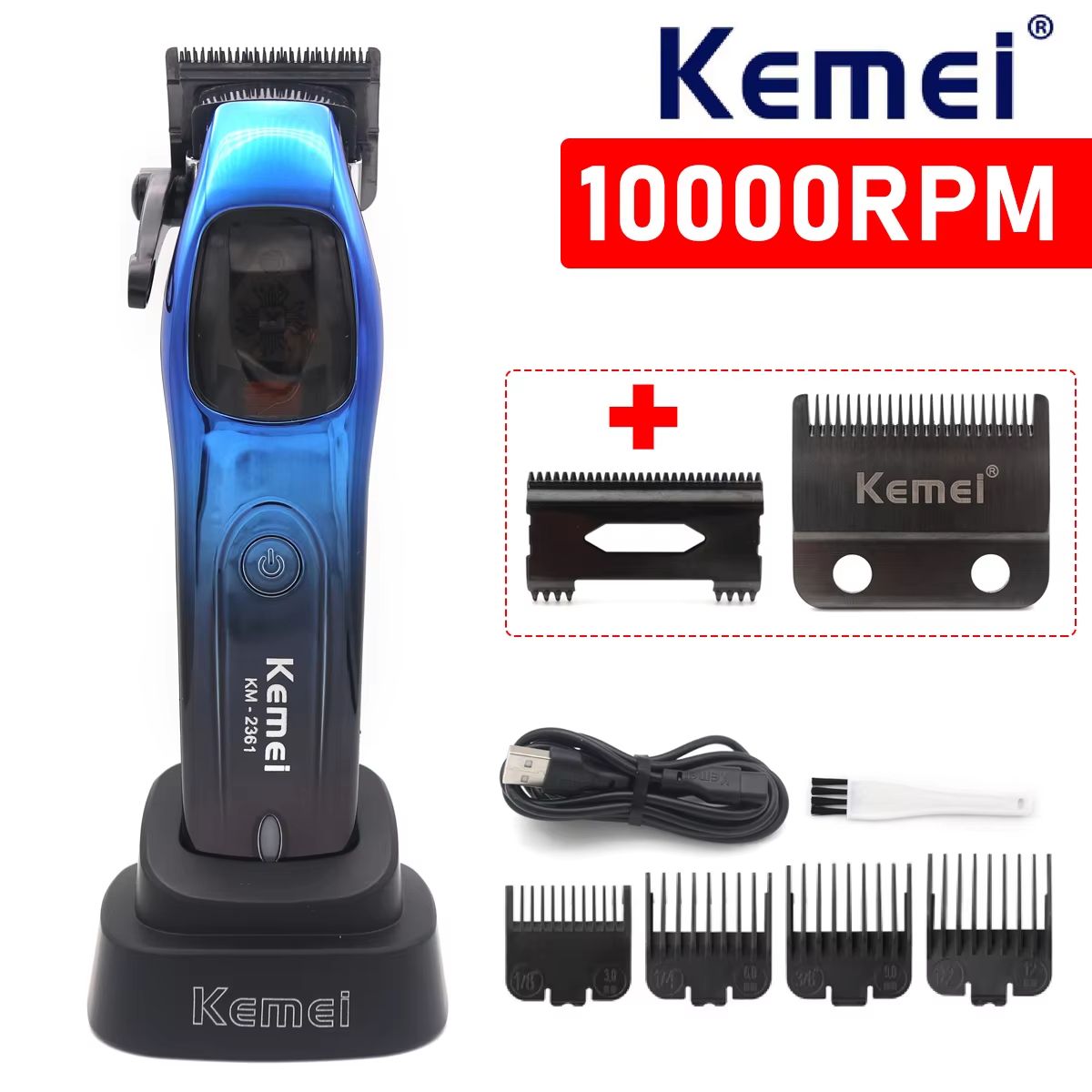 Kemei 2361 Professional Hair Clipper – 10000RPM Magnetic Motor, DLC Blade, Cordless Trimmer with Charging Base