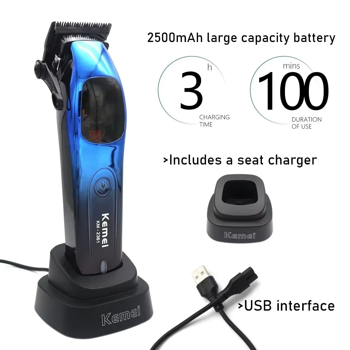 Kemei 2361 Professional Hair Clipper  10000RPM Magnetic Motor DLC Blade Cordless Trimmer With Charg 3