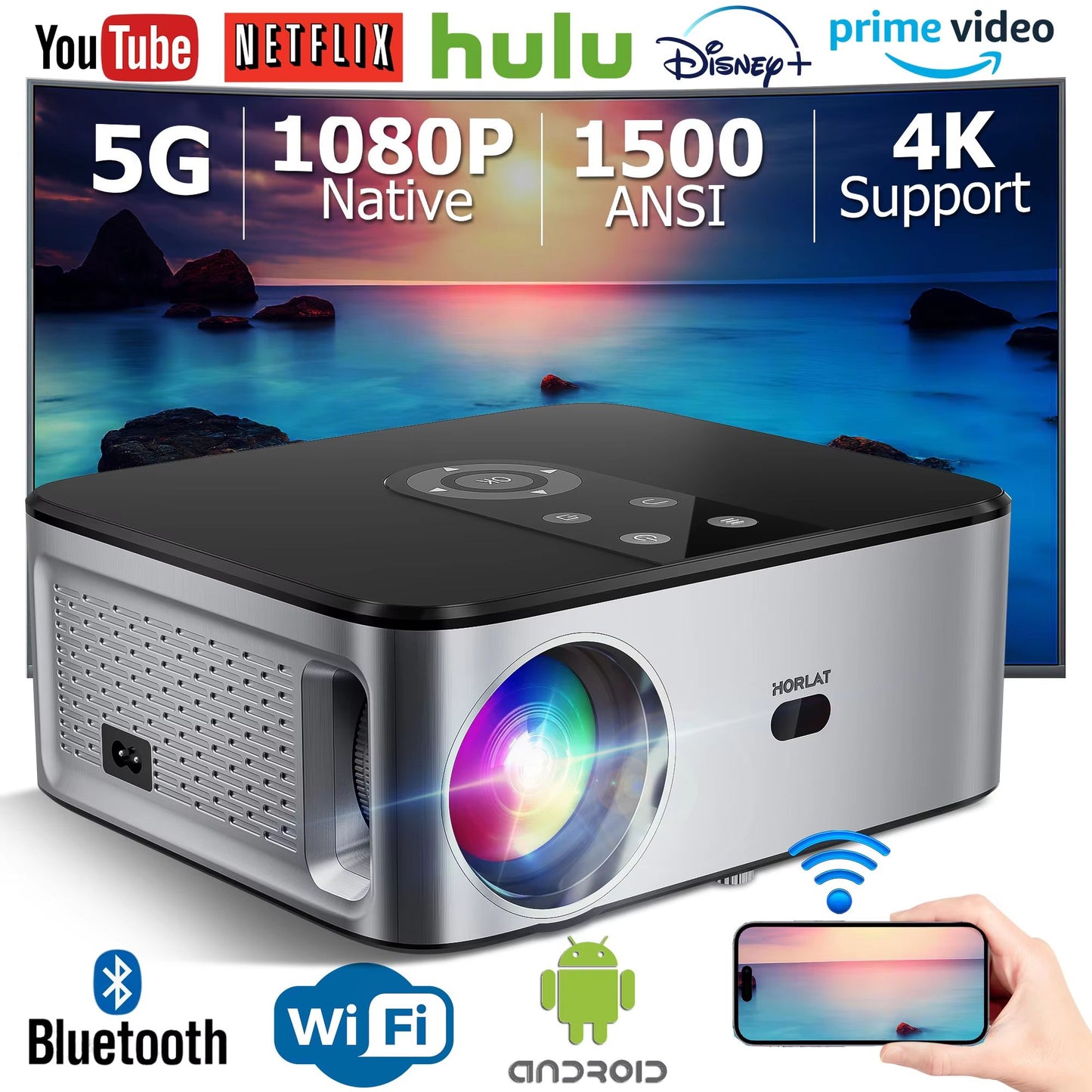HORLAT T3N 1500 ANSI Lumens 4K LED Projector with Android, Full HD 1080P, 8K Support, Auto Keystone, and 5G WiFi