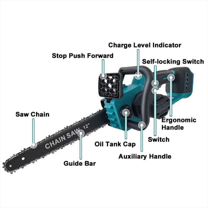 12 Inch Brushless Electric Chainsaw Cordless With LED Display  Wood Cutting Power Tool Compatible W 2