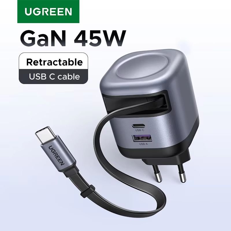 UGREEN 45W GaN Fast Charger with Retractable Cable – Compact PPS QC PD 3.0 Power Adapter for iPhone, Samsung, iPad, and
