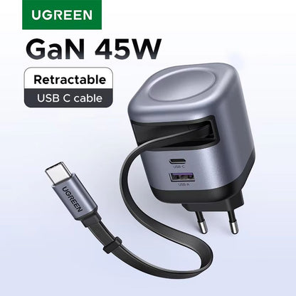 UGREEN 45W GaN Fast Charger with Retractable Cable – Compact PPS QC PD 3.0 Power Adapter for iPhone, Samsung, iPad, and
